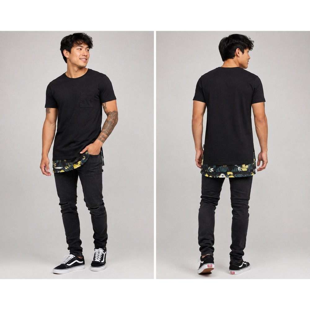 Brooklyn Cloth Mens Black Pocket T-Shirt Floral Mesh Hem Layered Tee Small